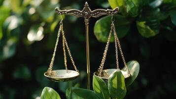 A pair of scales with a green plant in the background photo