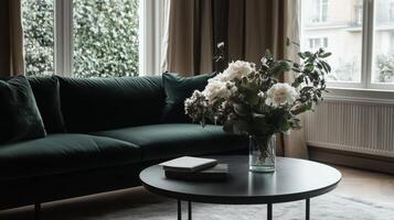 A green couch and a vase of flowers in front of a window photo