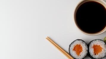 Soy sauce in bowl with sushi and wasabi on white background photo