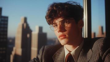 A young man in glasses and a suit looking out the window photo