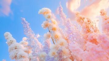 Flowers in the field with a blue sky photo