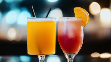 Two glasses of orange juice and orange juice with straws photo