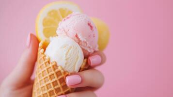 A woman holding a waffle cone with ice cream and lemon slices photo
