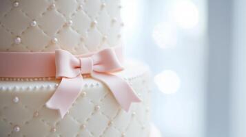 A close up of a white cake with a bow photo