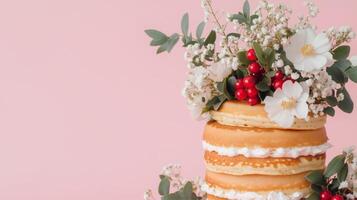 A stack of pancakes with flowers on top photo