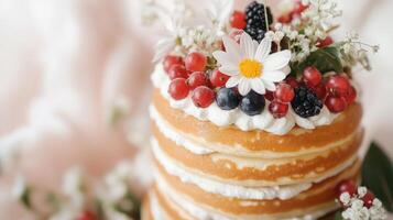 A stack of pancakes with berries and flowers photo