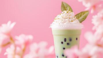 A green tea drink with a white frosting and a green leaf photo