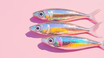 Three shiny fish on a pink background photo