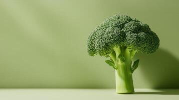 A single broccoli head against a light green background. photo