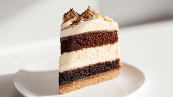 A slice of cake on a white plate photo