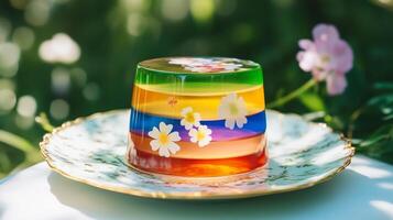A colorful jelly jar on a plate with flowers photo