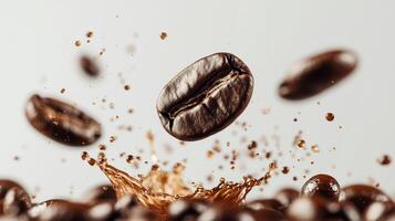 Coffee beans falling into a splash of water photo
