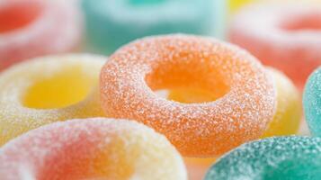 Colorful jelly rings are shown in a pile photo