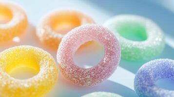 Colorful jelly rings on a blue surface photo