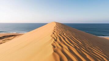 Golden sand dunes rise and fall, meeting the endless ocean photo