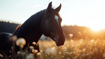 A horse is standing in a field with flowers photo