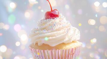 A cupcake with white frosting and a cherry on top photo