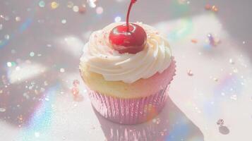 A cupcake with a cherry on top photo