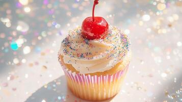 A cupcake with sprinkles and a cherry on top photo