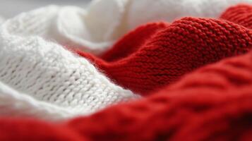 Close up of a red and white knitted scarf photo