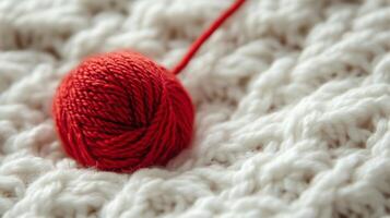 un rojo pelota de hilo en parte superior de un blanco de punto cobija foto