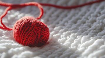 A red ball of yarn on a white blanket photo