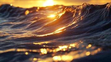 Large amount of waves in ocean at sunset photo