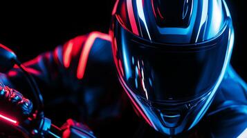 A person in a helmet with neon lights photo