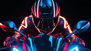 A person riding a motorcycle with neon lights photo