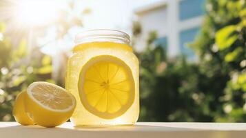 A jar of lemonade with a slice of lemon in it photo