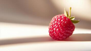 A single raspberry on a white surface photo