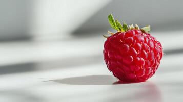 A raspberry is sitting on a table photo