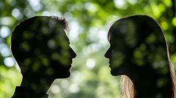 A man and woman are silhouetted against the trees photo
