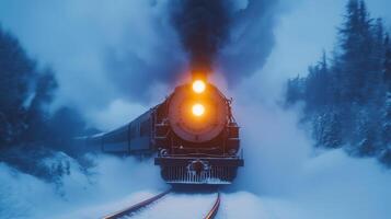 A steam train is traveling through the snow photo