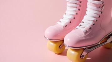Pink roller skates on a pink background photo