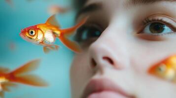 Woman observing colorful goldfish in a home aquarium photo