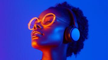 A woman wearing headphones and glasses in front of a blue background photo