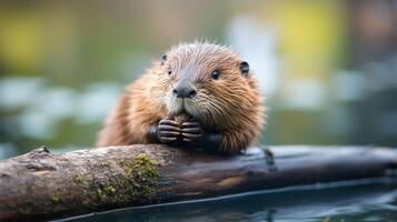 A beaver sitting on a log in the water photo