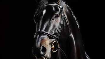 A black horse in a bridle with a rider under dramatic lighting photo