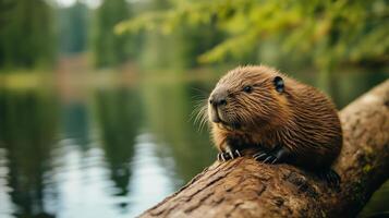 A beaver sitting on a log near a lake photo
