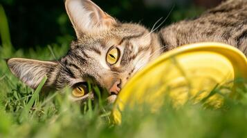 A cat laying in the grass with a yellow frisbee photo