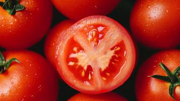 A close-up of several tomatoes, with one being cut photo