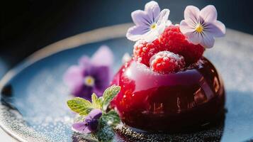 A dessert with raspberries and purple flowers on a black plate photo