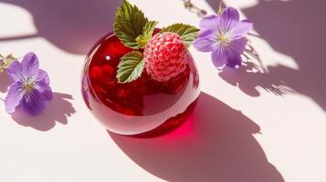 A red glass with a raspberry in it and purple flowers photo