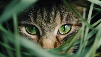 A cat peeking out from the grass photo