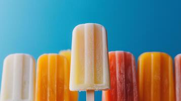 A row of colorful popsicles on a blue background photo