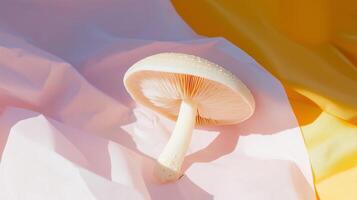 A mushroom on a yellow and pink cloth photo