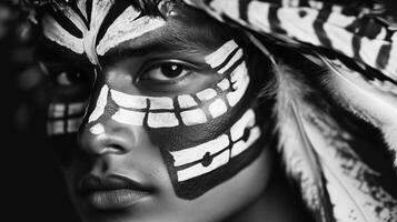 A man with a painted face and feathers photo