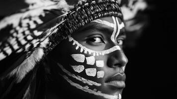 Black and white photo of a man with painted face