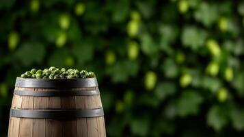 A barrel full of hops on a green background photo